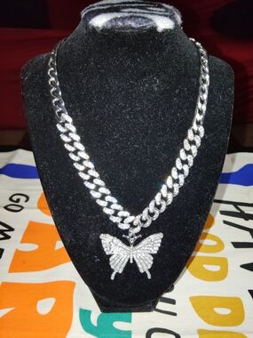 Silver Pavé Butterfly Cuban Link Necklace